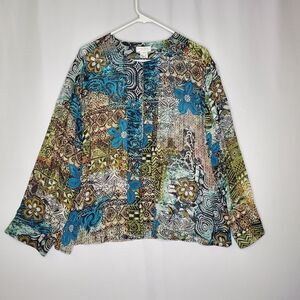 Laura Ashley Silk Sheer Jacket Overlay Women 2X Patchwork Floral Beaded Hook-Eye